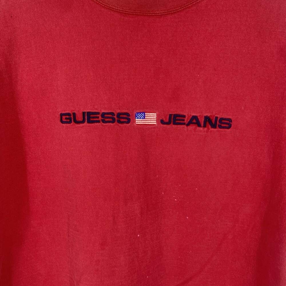 Vintage 90's Y2K Guess Jeans Embroidered Flag Red Tee Made USA Cotton Size XL - Picture 2 of 8